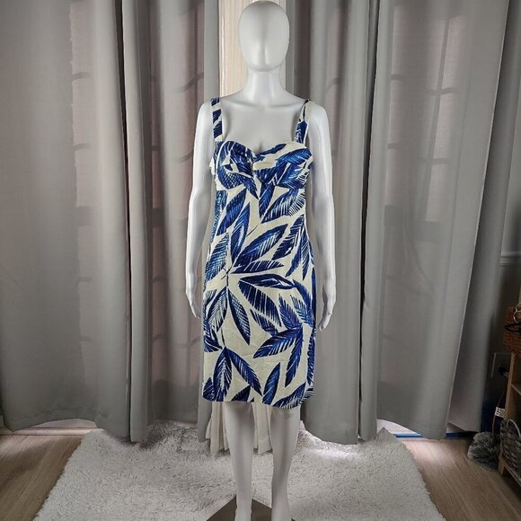 Jones New York Blue Palm Leaf Empire Waist Sweetheart Neck Shift Dress Size 10 - Picture 1 of 12